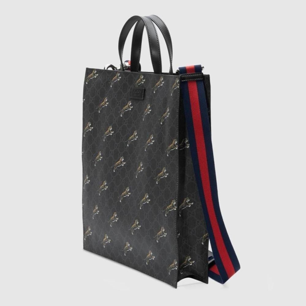 Gucci Tote Bag Shoulder Black Gray Silver Tiger Print Stripe Canvas Leather - Picture 2 of 7
